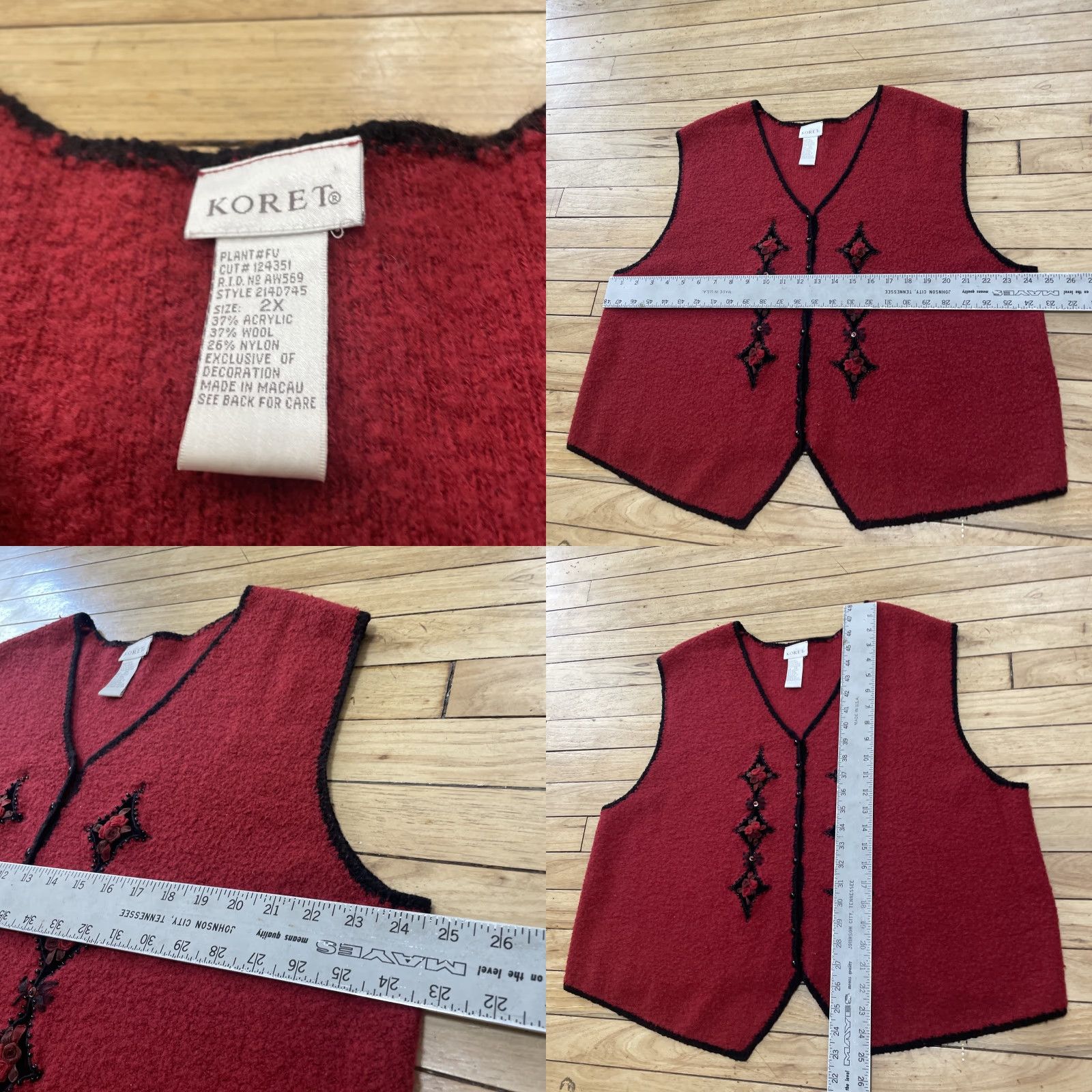 Vintage Koret Vest Sweater 2X Womens Wool Red Floral Beaded 3D Art Vintage 90s Knit V-Neck Sleeveless Vintage Size XXL / US 16-18 / IT 52-54 - 8 Thumbnail
