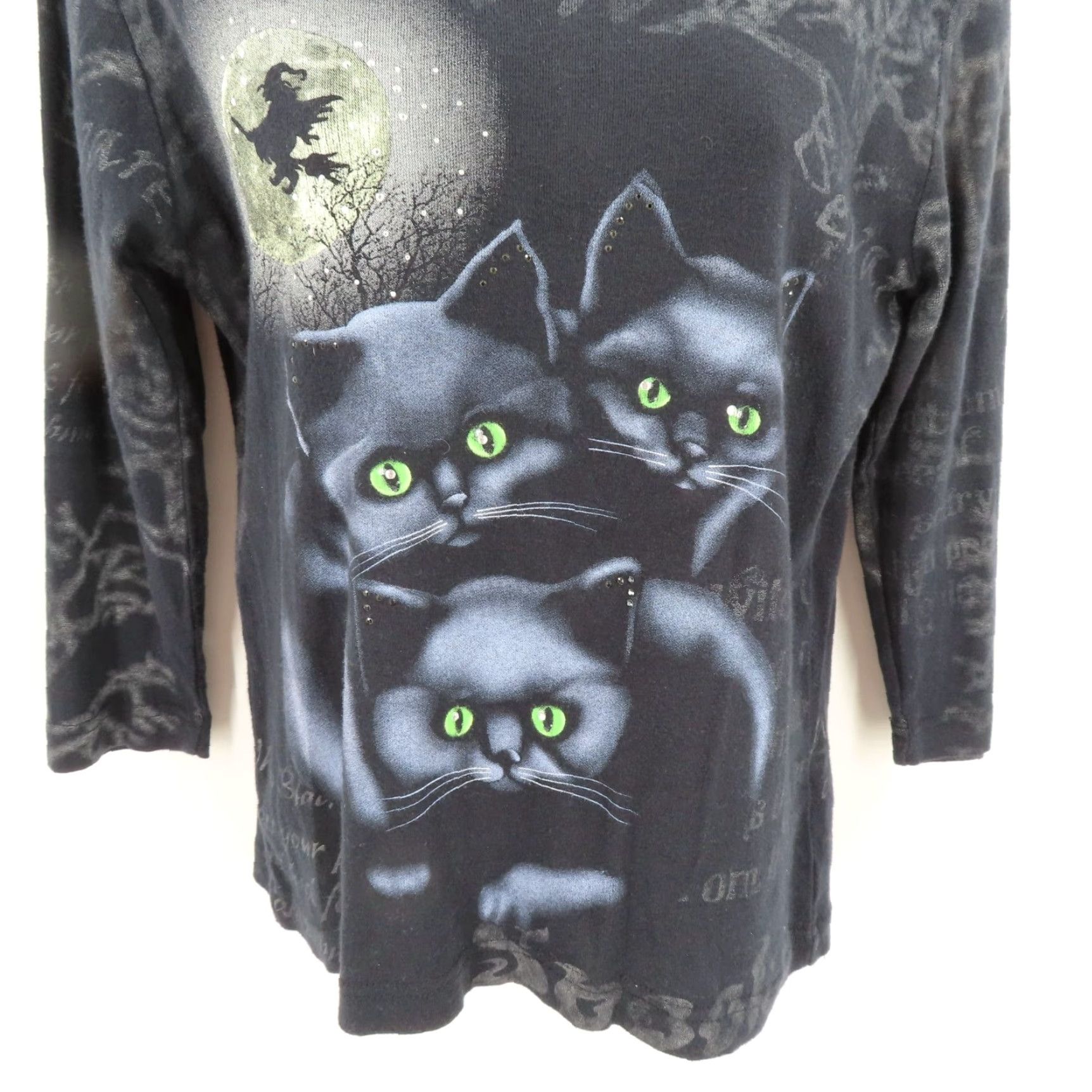 Vintage My Halloween Womens Small Rhinestone Black Cat Witch Spooky Shirt All Cotton Size S / US 4 / IT 40 - 4 Thumbnail