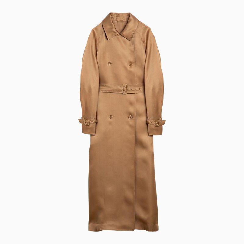 image of Max Mara Leather-Coloured Oversize Trench Coat In Silk in Brown, Women's (Size XS)