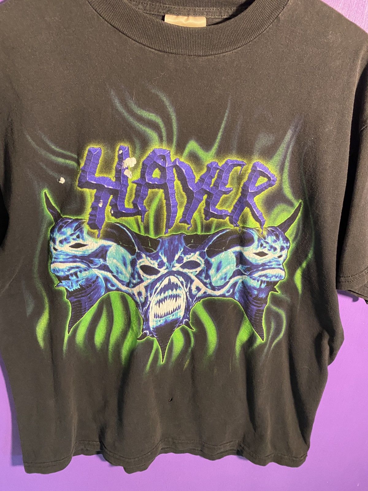 Band Tees × Vintage Vintage 90s Slayer flaming skulls faded t-shirt Size US L / EU 52-54 / 3 - 3 Thumbnail