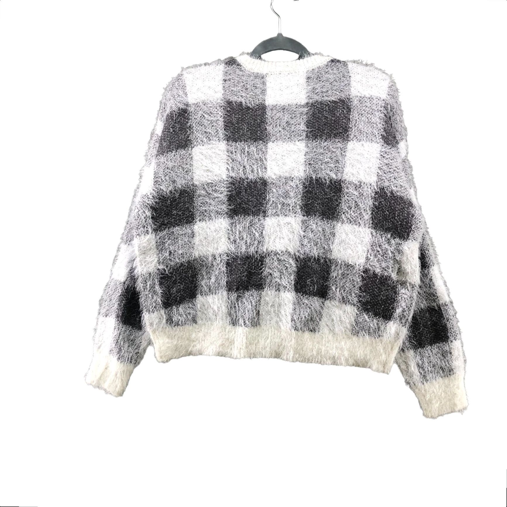 Vintage It's Our Time Women's M Fuzzy Black White Plaid Crewneck Sweater Casual Long Sleeve Stretch Retro Size M / US 6-8 / IT 42-44 - 2 Thumbnail