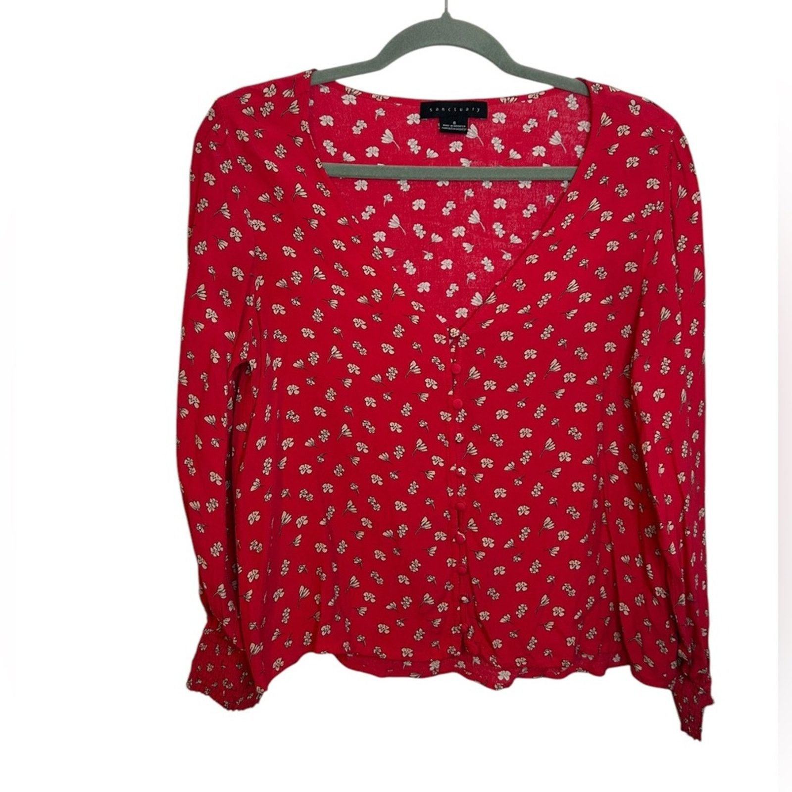 Sanctuary Sanctuary Red Floral V-Neck Balloon Sleeve Button Front Top Size S / US 4 / IT 40 - 1 Thumbnail