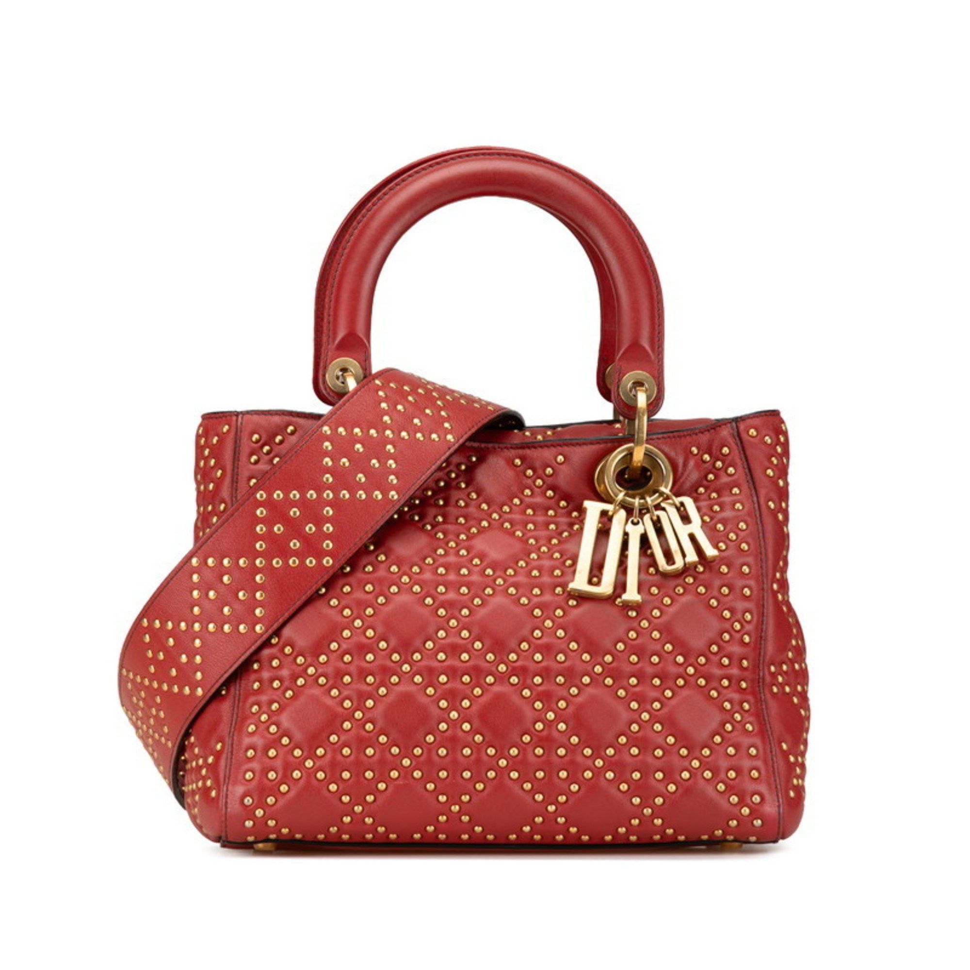 Christian Dior Dior Cannage Lady Studded Handbag Shoulder Bag Red Leather Women's
