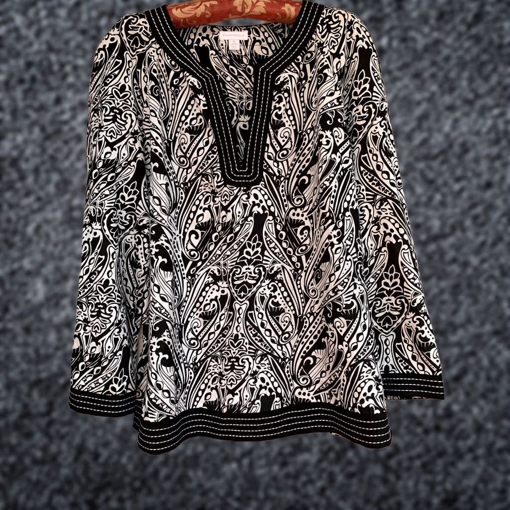 Charter Club Charter Club Women’s Silk Cotton Tunic Top Size 12 Black White Print 3/4 Sleeve Shirt Ladies Tunic Floral Black/White Print 12 Womens Size XL / US 12-14 / IT 48-50 - 1 Thumbnail