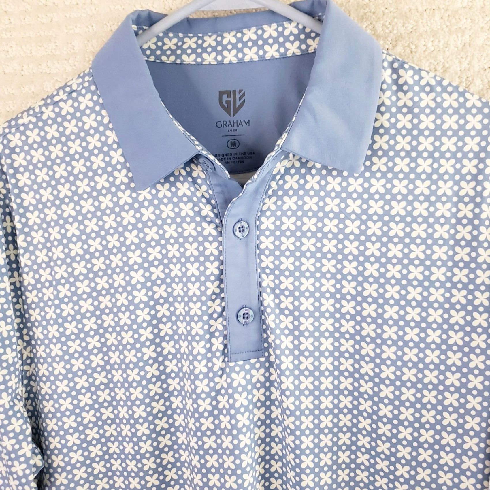 Vintage Graham Luxe Polo Shirt Men's M Blue Floral Geometric Stretch Golf Size US M / EU 48-50 / 2 - 3 Thumbnail