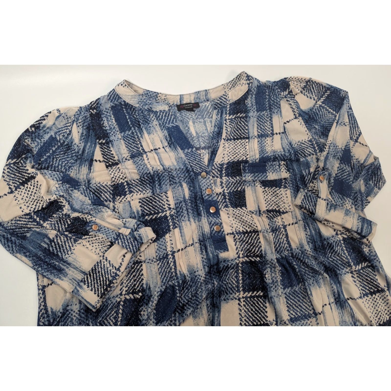 Vintage Cocomo Plaid 3/4 Roll Tab Sleeve Button Top V-Neck Henley Plus 3X Blue Knit Blouse Women Shirt Tunic Size XXL / US 16-18 / IT 52-54 - 2 Thumbnail