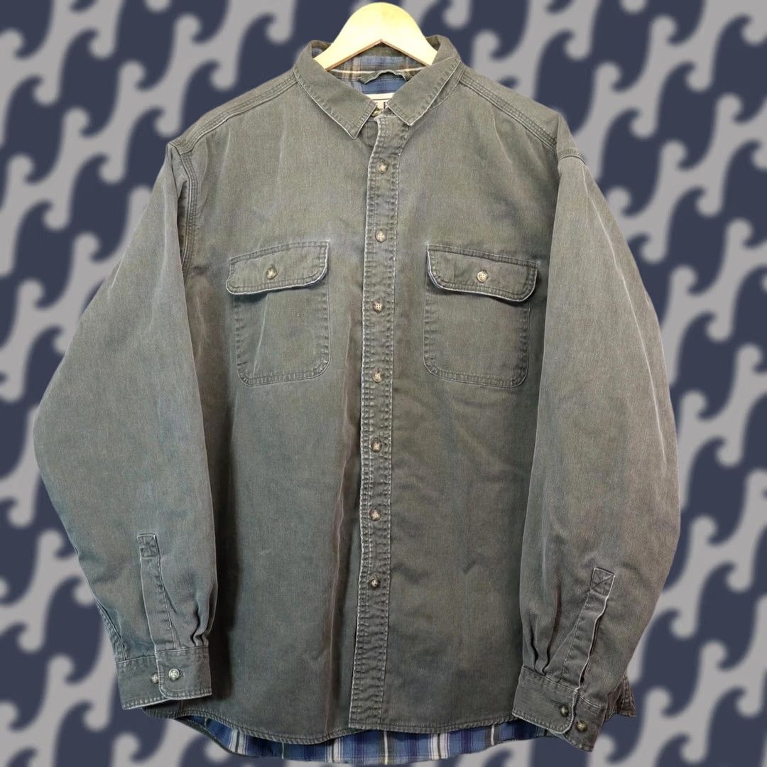 Vintage VINTAGE L.L. Bean Flannel Lined Chore Shirt Men XL Regular Grey Green Size US XL / EU 56 / 4 - 1 Thumbnail