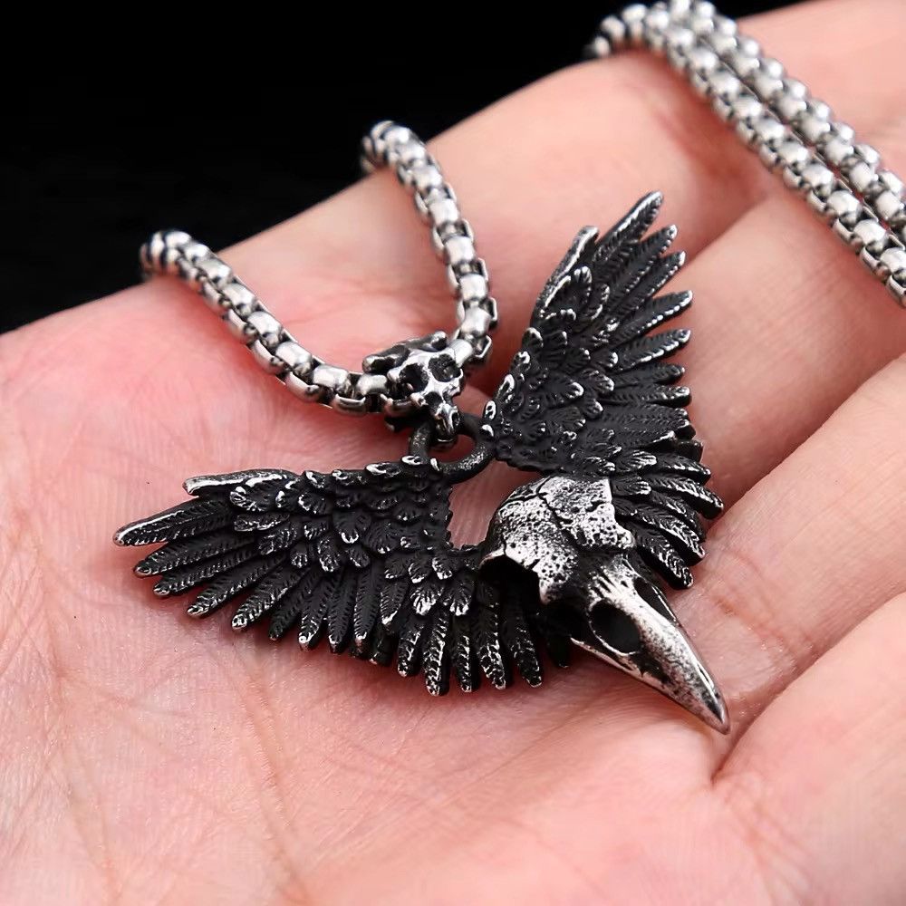Vintage Retro Wings Crow Skull Necklace Size ONE SIZE - 1 Thumbnail
