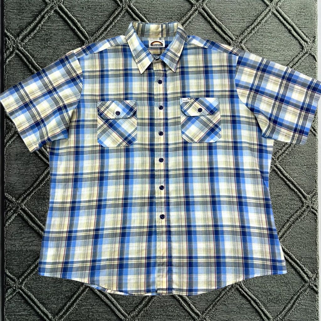 Vintage Wrangler Shirt Mens 1XL Blue Plaid Western Usa Made 70s 80s Short Sleeve Regular, Men's