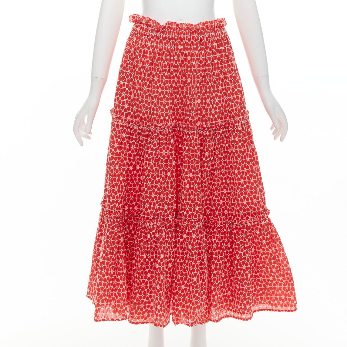 Lisa Marie Fernandez LISA MARIE FERNANDEZ red cotton white embroidery eyelet ruffle tiered midi skirt US2 S Size 28" / US 6 / IT 42 - 1 Thumbnail