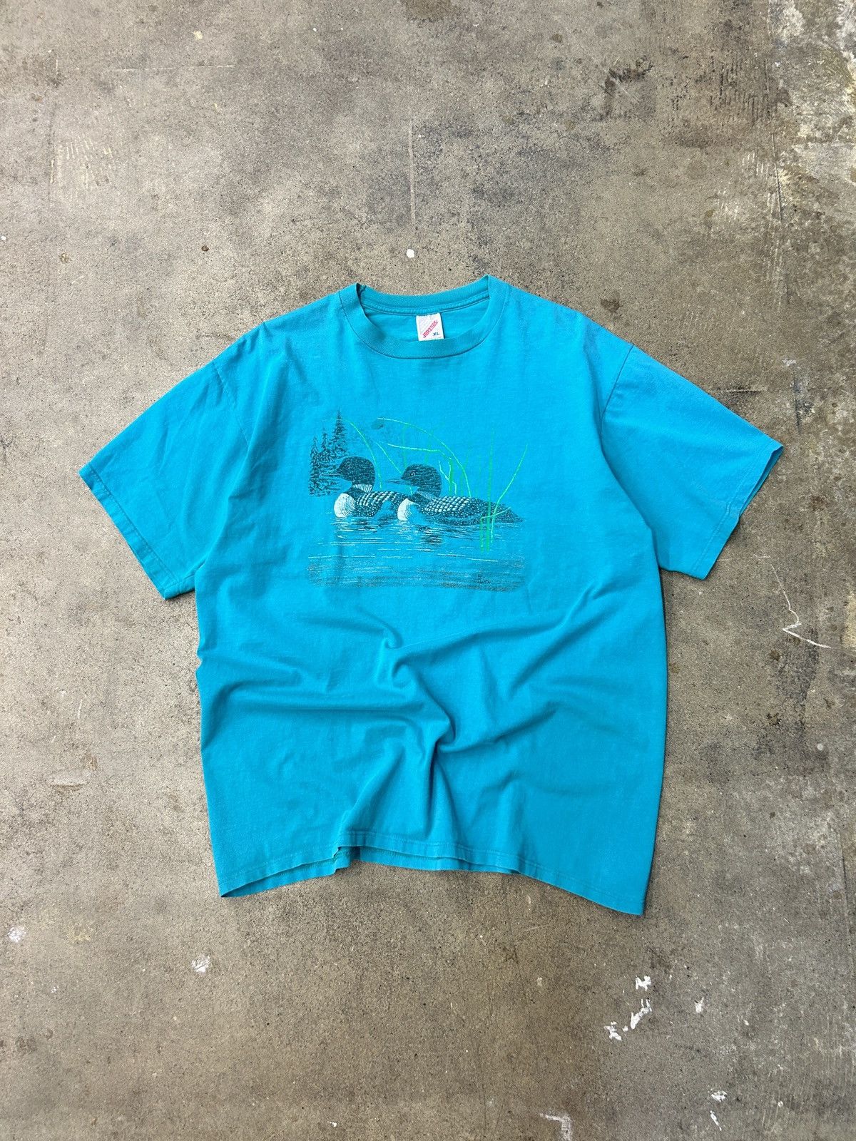 Vintage 90s Vintage Nature Tee Loons Swimming Shirt Teal XL Size US XL / EU 56 / 4 - 1 Thumbnail