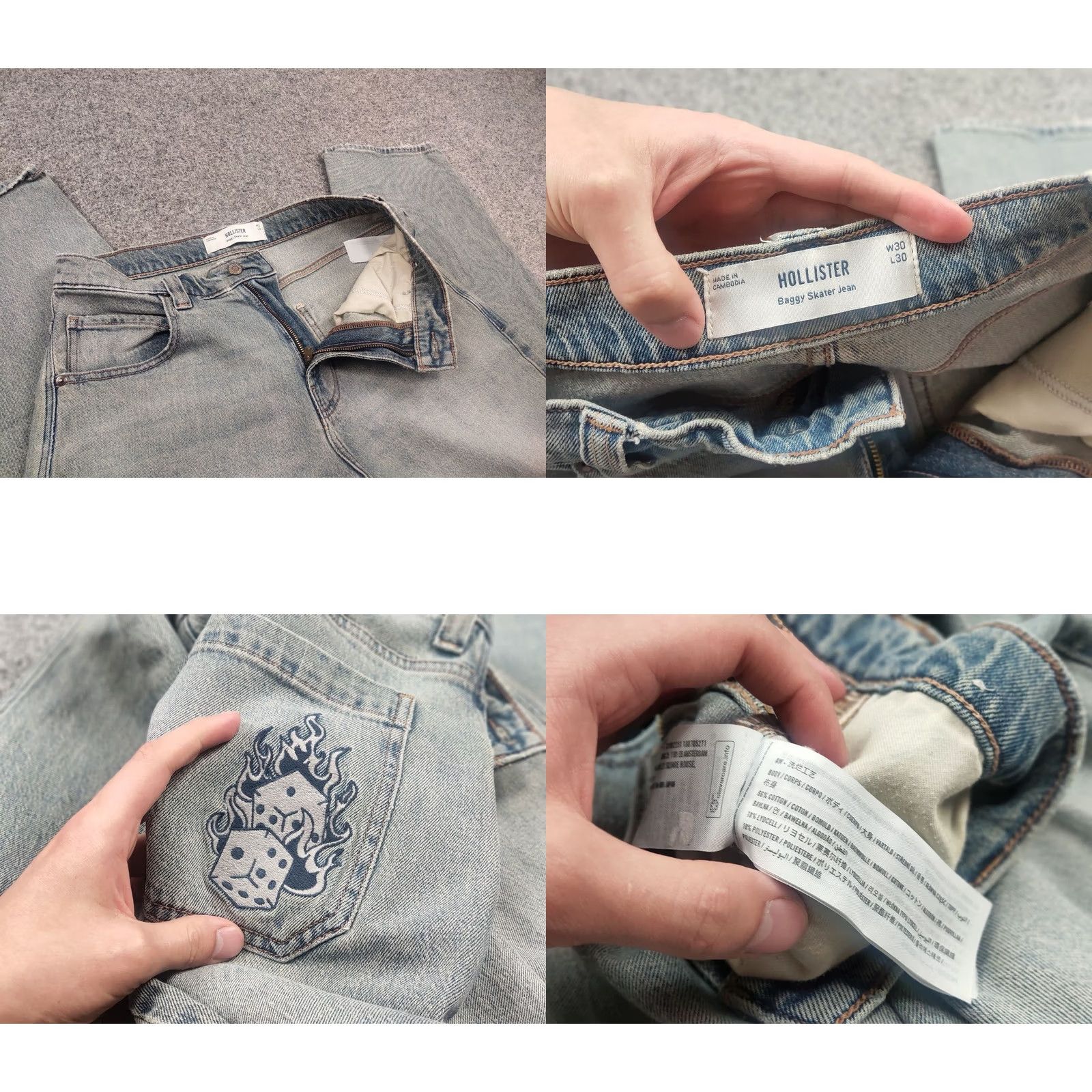 Hollister Blue Washed Denim Logo Dice Embroidery Skater Baggy 