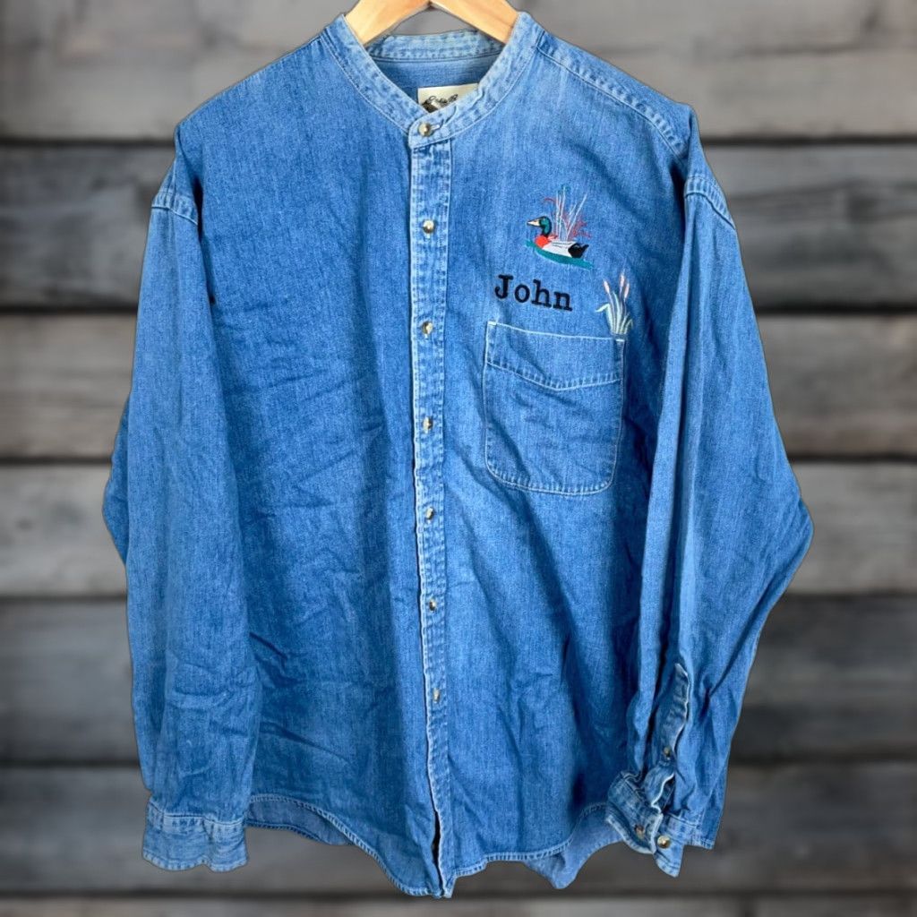 Eddie Bauer VINTAGE Eddie Bauer Denim Shirt Men's 2XL Blue Duck Embroidery Band Collar Y2K Nature Size US XXL / EU 58 / 5 - 1 Thumbnail