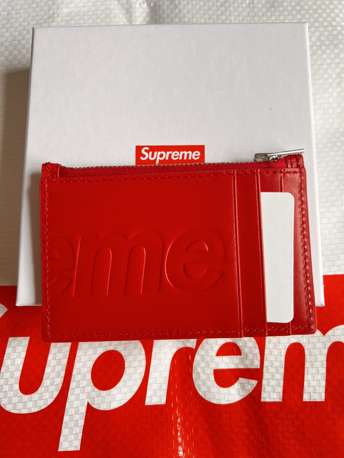 SUPREME Leather zip card holder Wallet red calfskin logo
