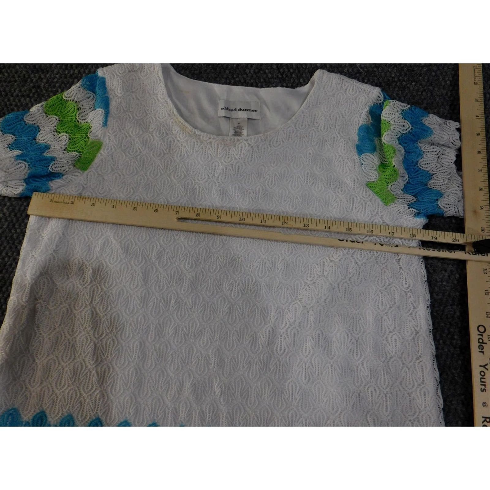 Vintage Alfred Dunner Top Womens S White Blue Green Lace Tunic Short Sleeve Lined Blouse Socop Neck Pattern Striped Size S / US 4 / IT 40 - 6 Thumbnail
