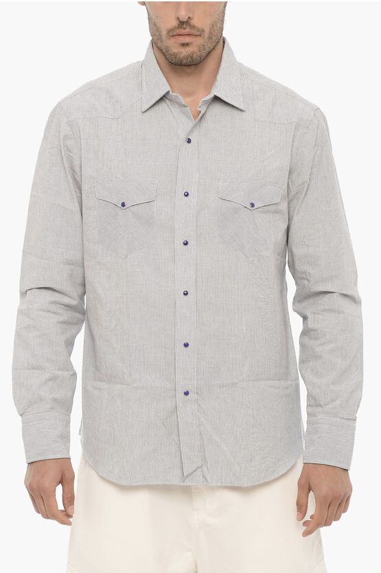 image of Salvatore Piccolo Hairline Striped Texana Shirt With Double Breast Pocket in Blue (Size Small)