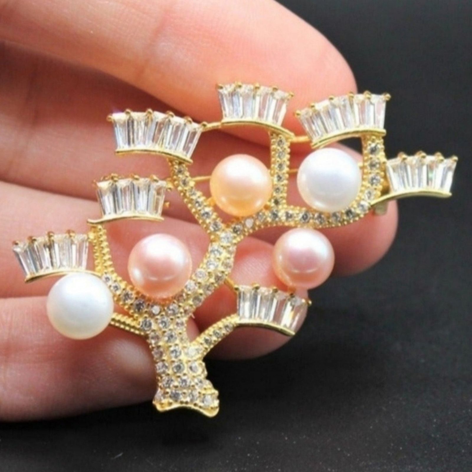Freshwater Pearl Tree Brooch Cubic Zirconia Gold Plated NWT