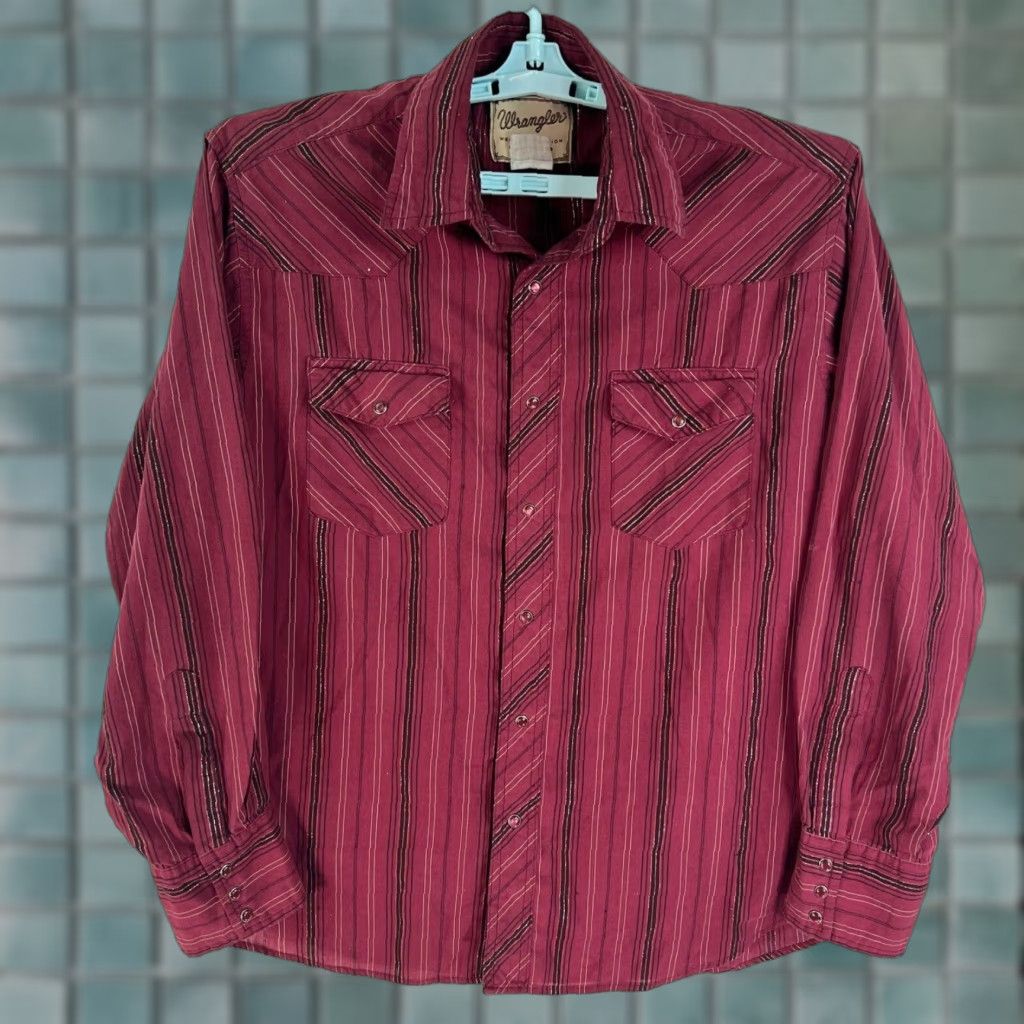 Wrangler VINTAGE Wrangler Western Fashion Snap Shirt Mens XL Maroon Striped Long Sleeve Shirt Size US XL / EU 56 / 4 - 1 Thumbnail
