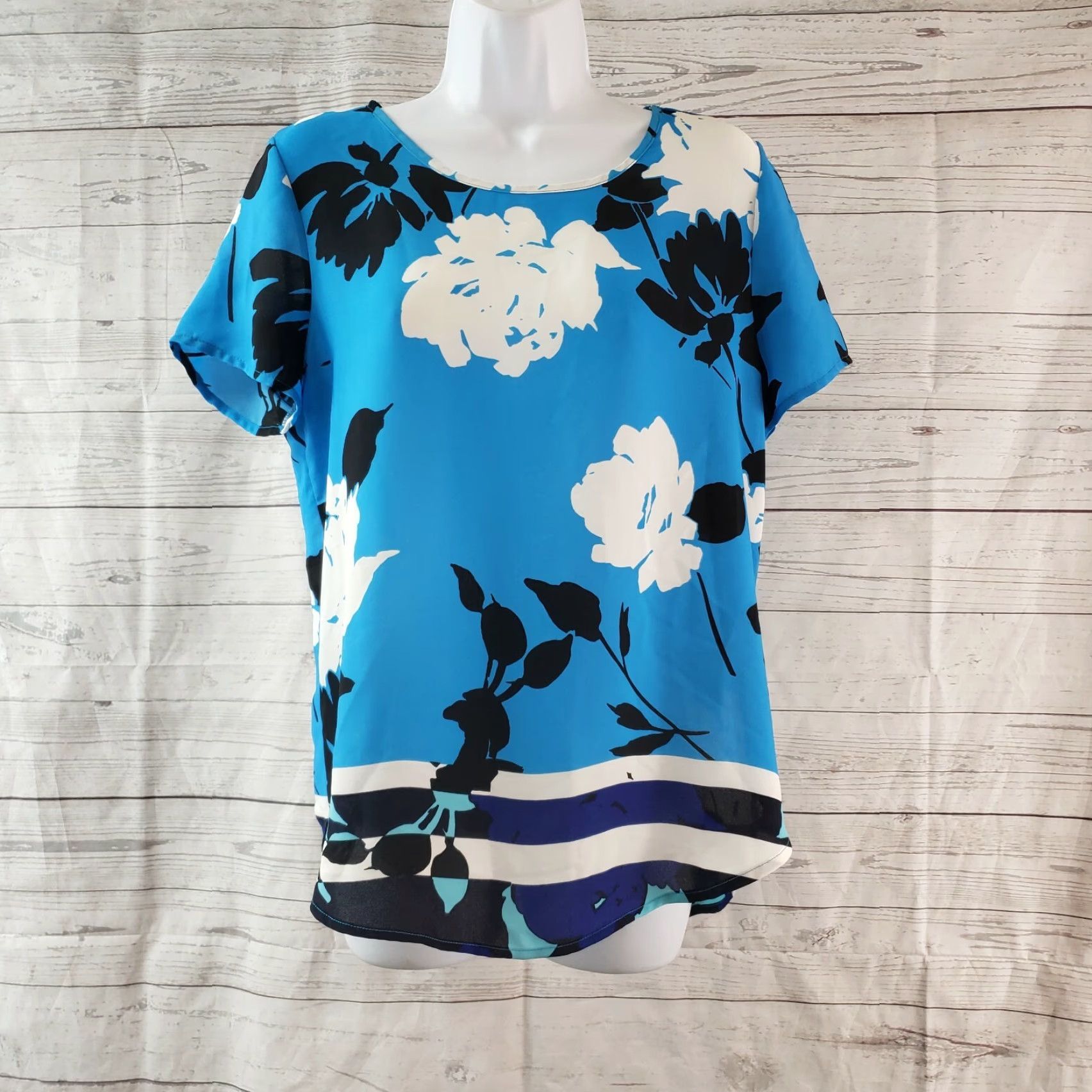 Vintage Pleione Womens Blouse Sz S Short Sleeve Floral Blue Black Printed Casual Shirts Womens Size S / US 4 / IT 40 - 2 Thumbnail