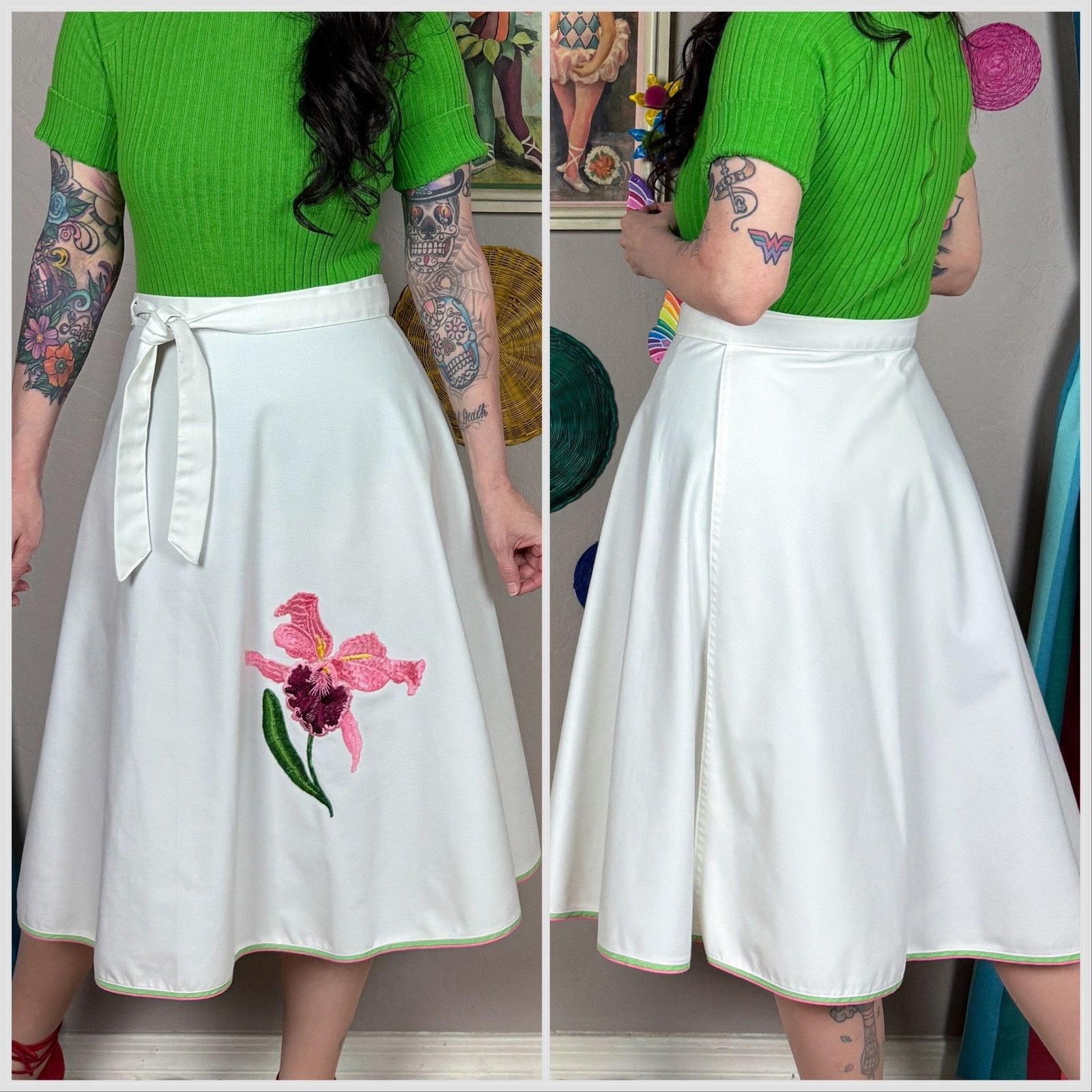 Vintage Vintage 1970s White Embroidered Iris Midi Wrap Skirt Size 28" / US 6 / IT 42 - 3 Thumbnail