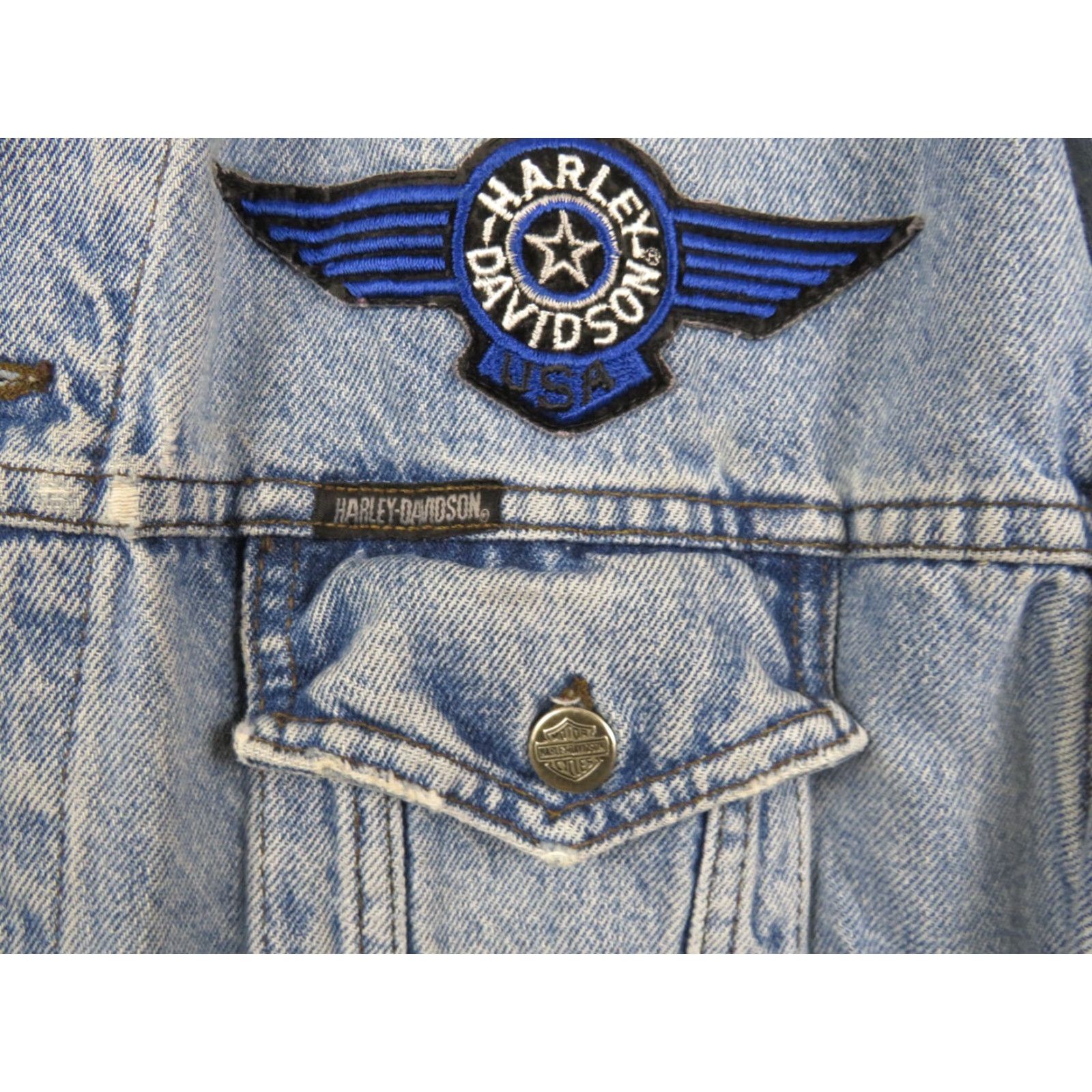 Harley Davidson VINTAGE Harley-Davidson Denim Trucker Jacket Men L Blue Cotton Solid Button Collared Lightweight Pockets Bike Motorcycle Jacket Size US L / EU 52-54 / 3 - 4 Thumbnail