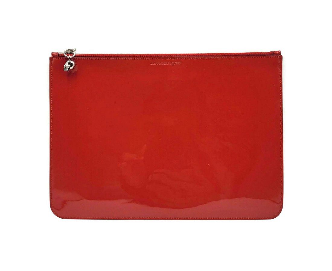 Alexander McQueen Women's Red Charm Patent Leather Silver Skull Large Pouch Size ONE SIZE - 1 Thumbnail