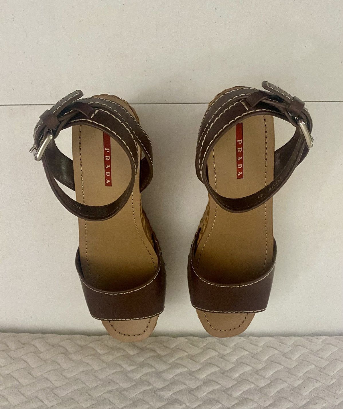 Prada Prada Brown Leather Wicker Wedge Sandals 3XZ175 10 US NEW Size US 10 / IT 40 - 5 Thumbnail