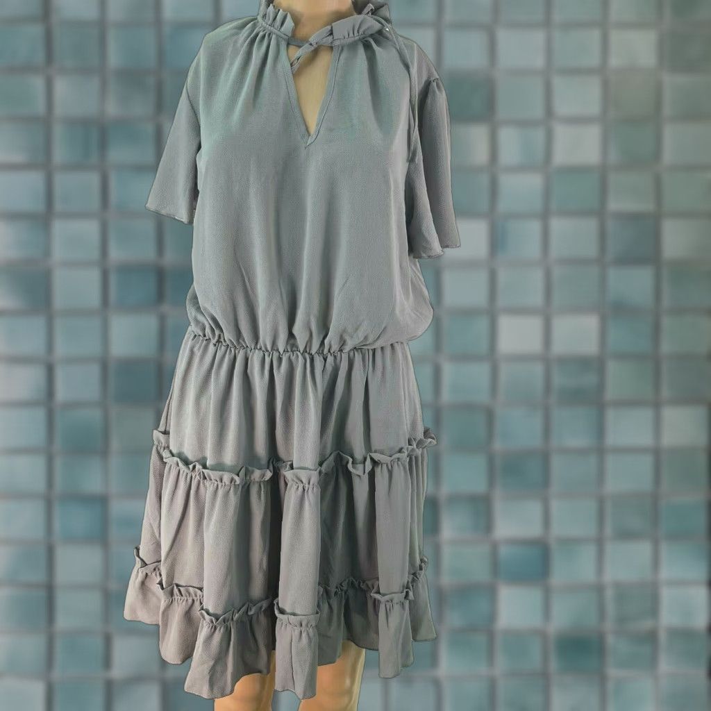 Vintage Womens Flutter Sleeves Tiered V Neck Ruffled Gray Swing Mini Dress Size Medium Size M / US 6-8 / IT 42-44 - 1 Thumbnail