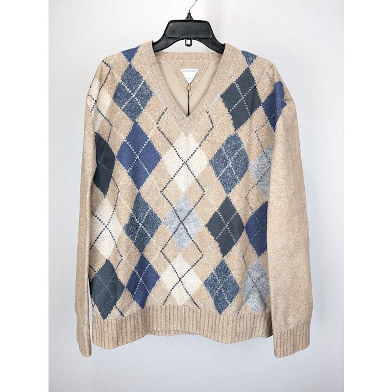 Bottega Veneta o1rshd1 Argyle Printed Leather Sweater in Camel/Grey/Blue Size US M / EU 48-50 / 2 - 1 Thumbnail