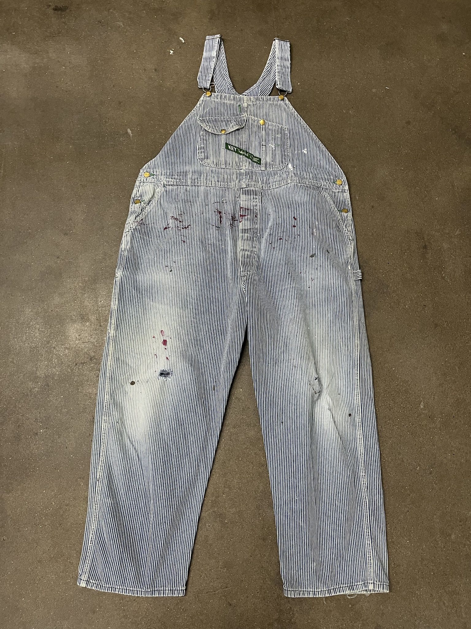 Vintage 1990s Paint Spltter Key Imperial Hickory Stripe Overalls Size XXL