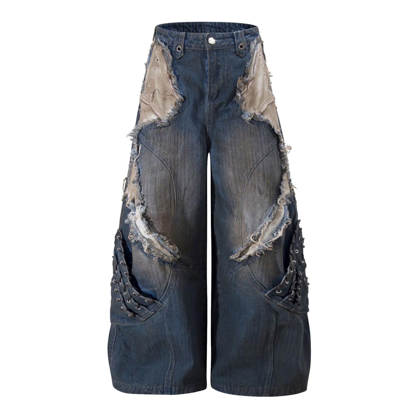 Jean Patchwork Distressed Wide Leg Denim Jeans, Baggy Fit Size US 32 / EU 48 - 2 Thumbnail