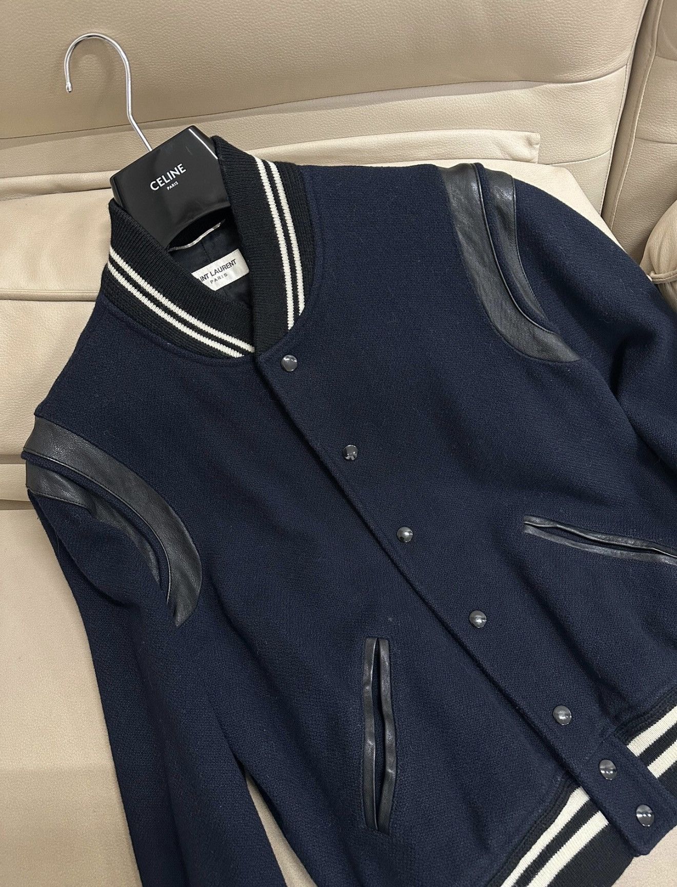 Saint Laurent Paris Saint Laurent SLP 2015FW Deep Blue Wool Teddy Varsity Jacket Size US M / EU 48-50 / 2 - 2 Thumbnail