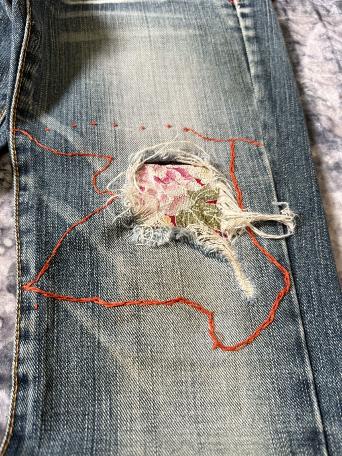 Hysteric Glamour Lucy Pearl Patch Work Leather Trimmed Shashiko Flared Jeans Size US 27 - 7 Thumbnail