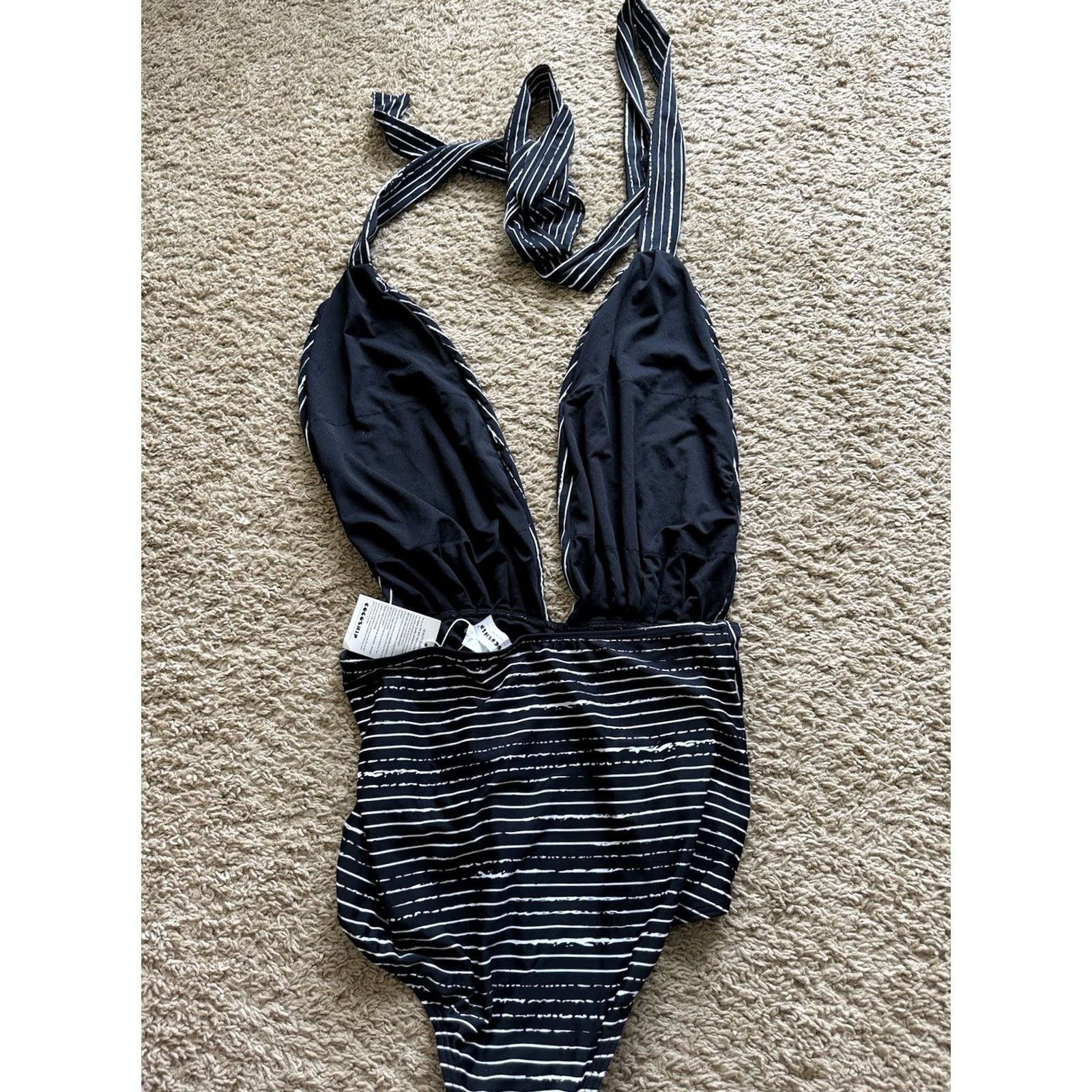 Bather COCOSHIP One Piece Retro Backless Bather High-Waisted Swimsuit 12 Women's Black & White Striped Halter Adjustable Strap Built-In Bra Size ONE SIZE - 6 Thumbnail