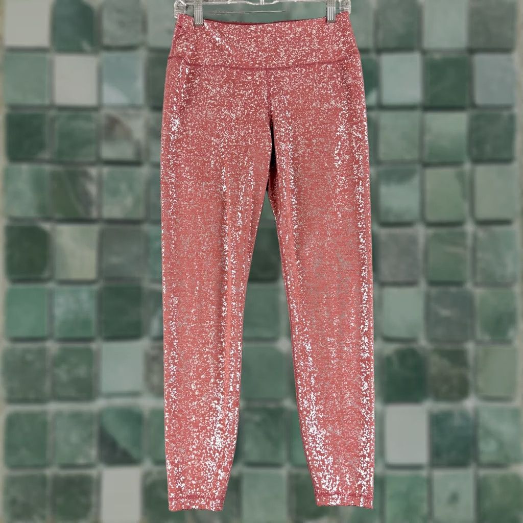Sweaty Betty Sweaty Betty SB6102 Athletic Leggings Womens M Pink Silver Metallic Foil Size 27" / US 4 / IT 40 - 1 Thumbnail