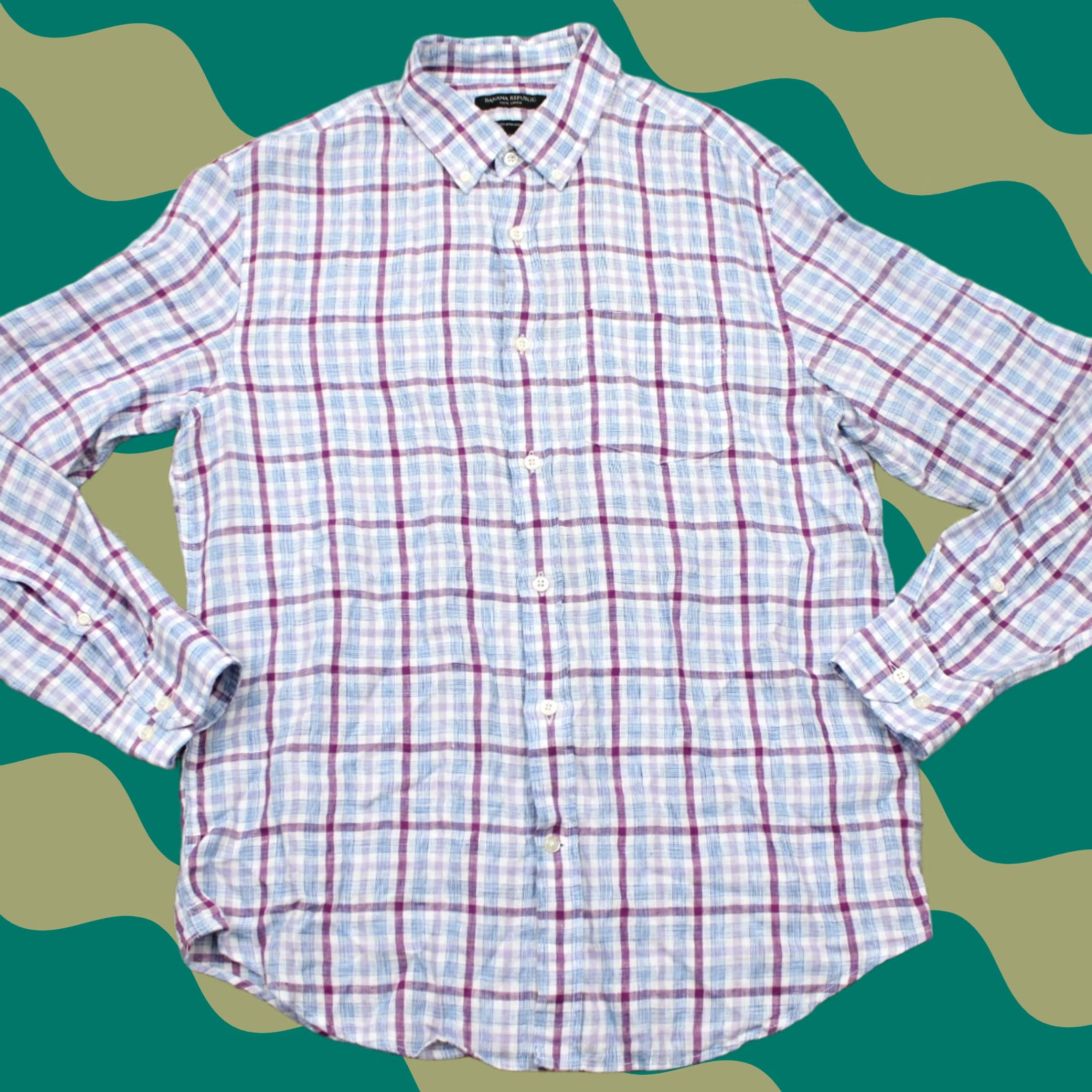 Banana Republic Banana Republic Shirt Mens Medium Red/Blue 100% Linen L/S Button-Up Plaid Casual Preppy Vintage: No, Regular Fit? Size US M / EU 48-50 / 2 - 1 Thumbnail