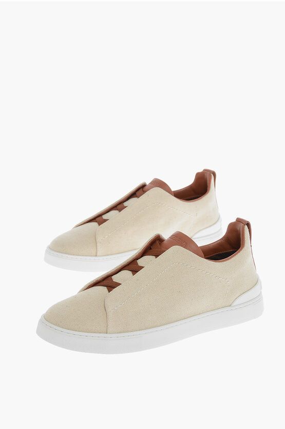 image of Ermenegildo Zegna Elastic Lace-Up Triple Stitch Canvas Sneakers in Beige, Men's (Size 7)