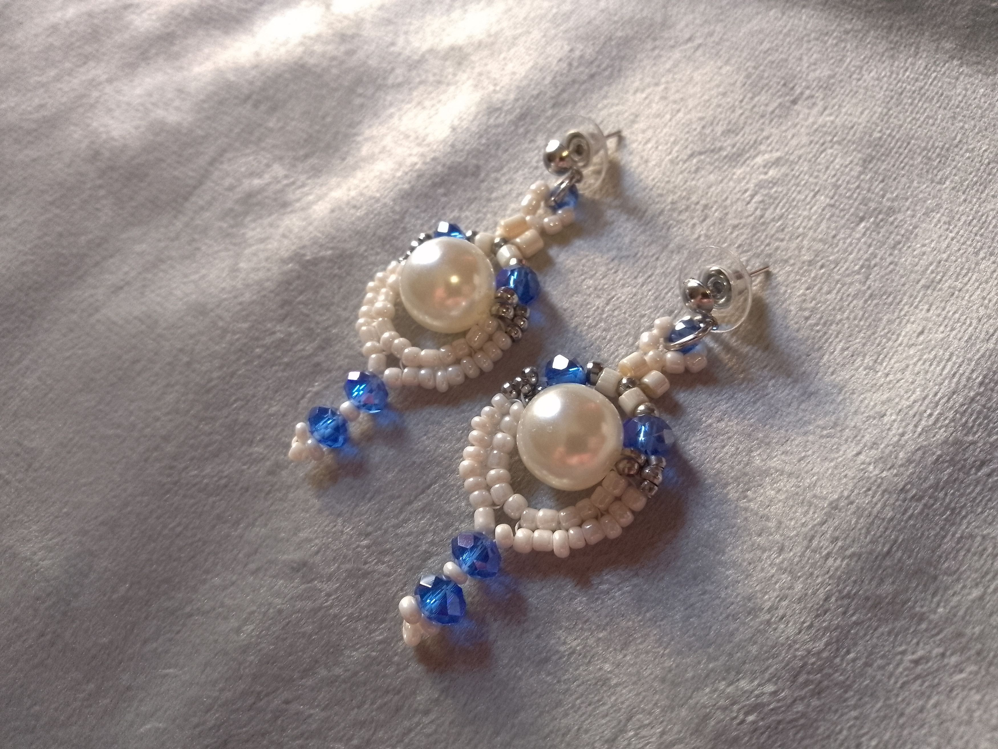 Handmade Earrings Ivory Pearl Blue Crystal Elegant Size ONE SIZE - 7 Thumbnail