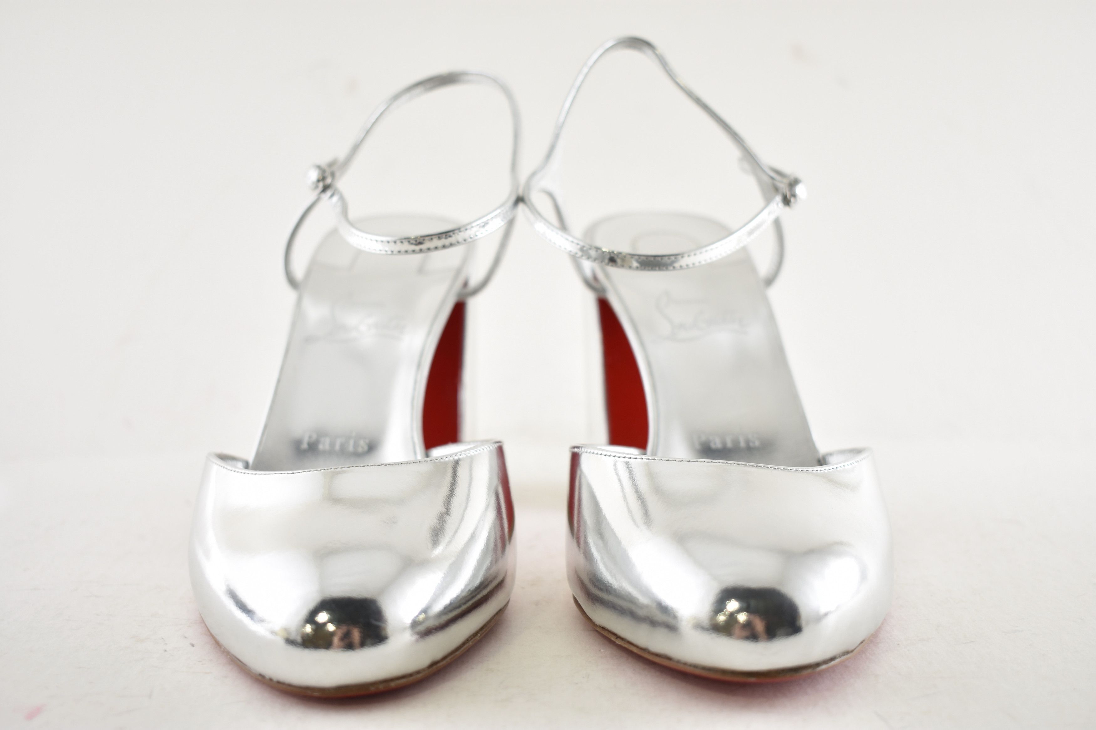 Christian Louboutin Jane Pump 85 Silver Leather Ankle Strap Block Heel Sandal 40 Size US 10 / IT 40 - 9 Thumbnail