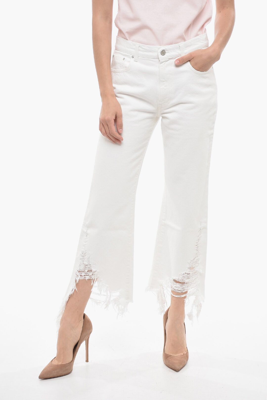 Stella McCartney og1mm0824 Cropped Fit Denims With Distressed Bottom in White Size 29" - 1 Thumbnail