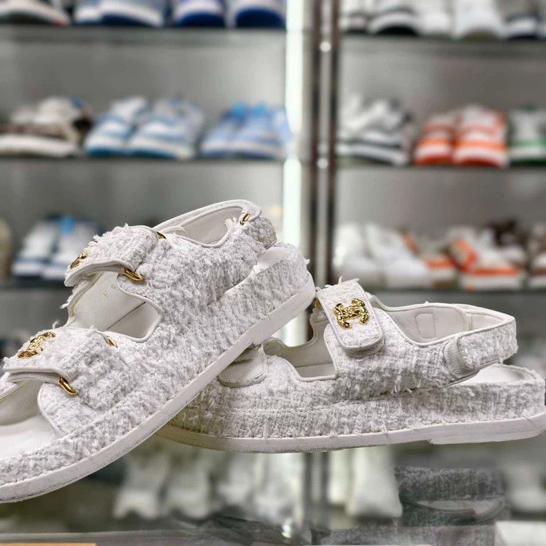 Chanel CHANEL White Tweed Velcro Sandals with Gold Buckles -2505 Size US 6.5 / IT 36.5 - 2 Thumbnail