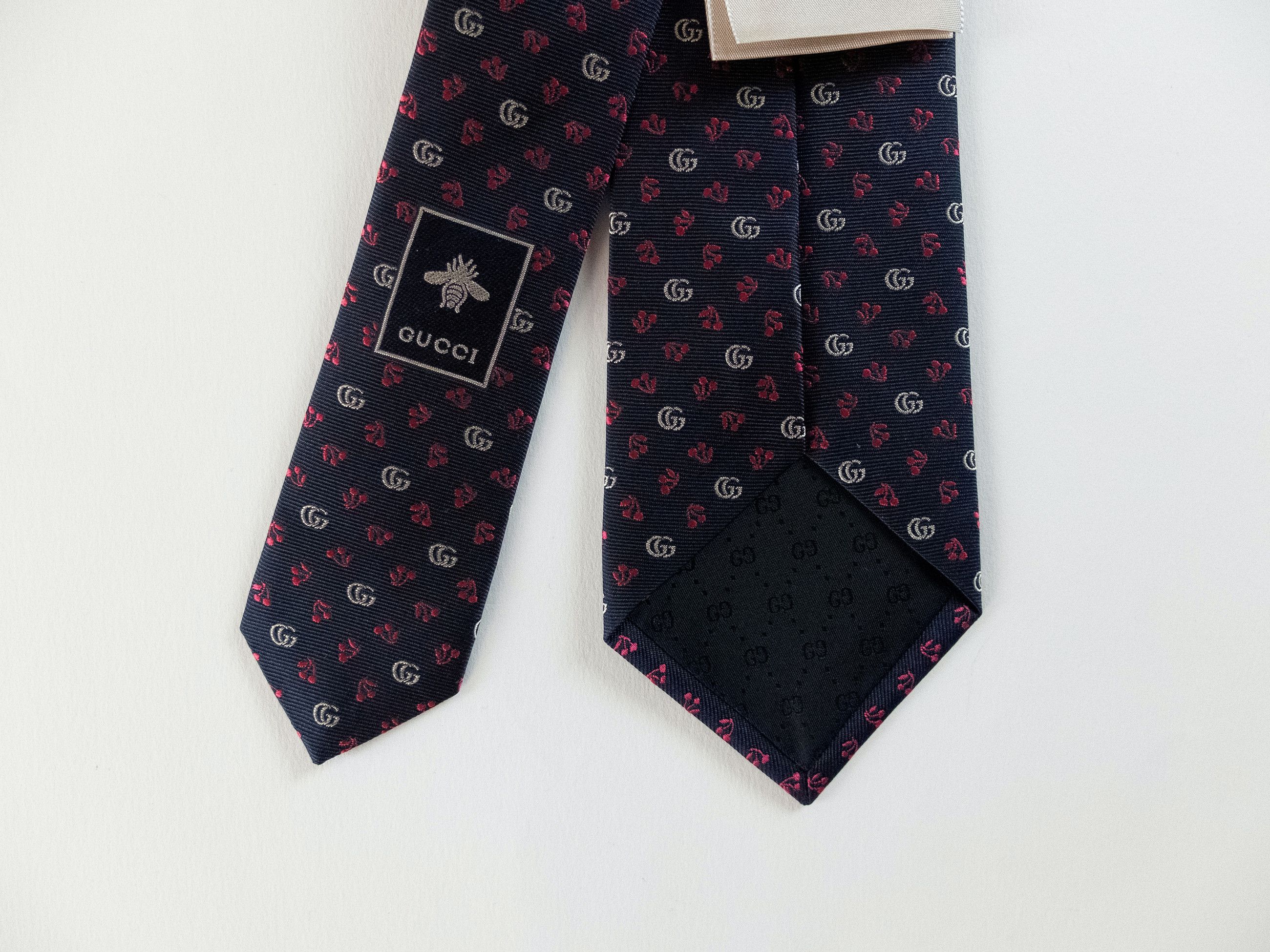 Gucci GUCCI navy blue cherry & interlocking G logo silk tie Size ONE SIZE - 6 Thumbnail