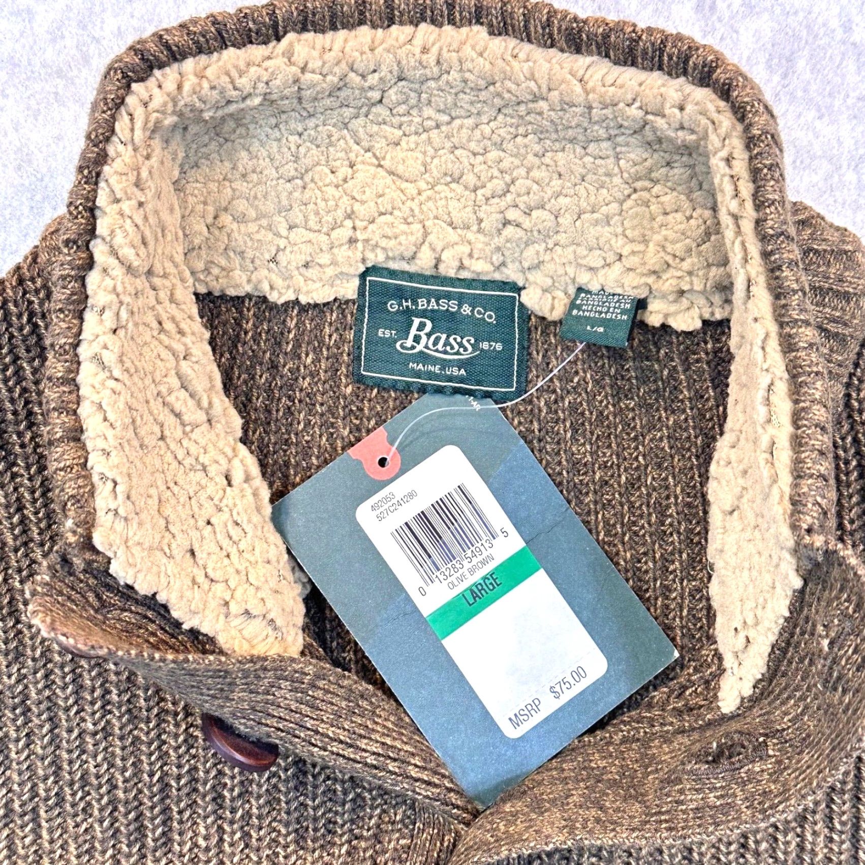 Vintage G.H. Bass & Co. Mens Large Canyon Button Olive Brown Mock Neck Sweater Shirt Size US L / EU 52-54 / 3 - 6 Thumbnail