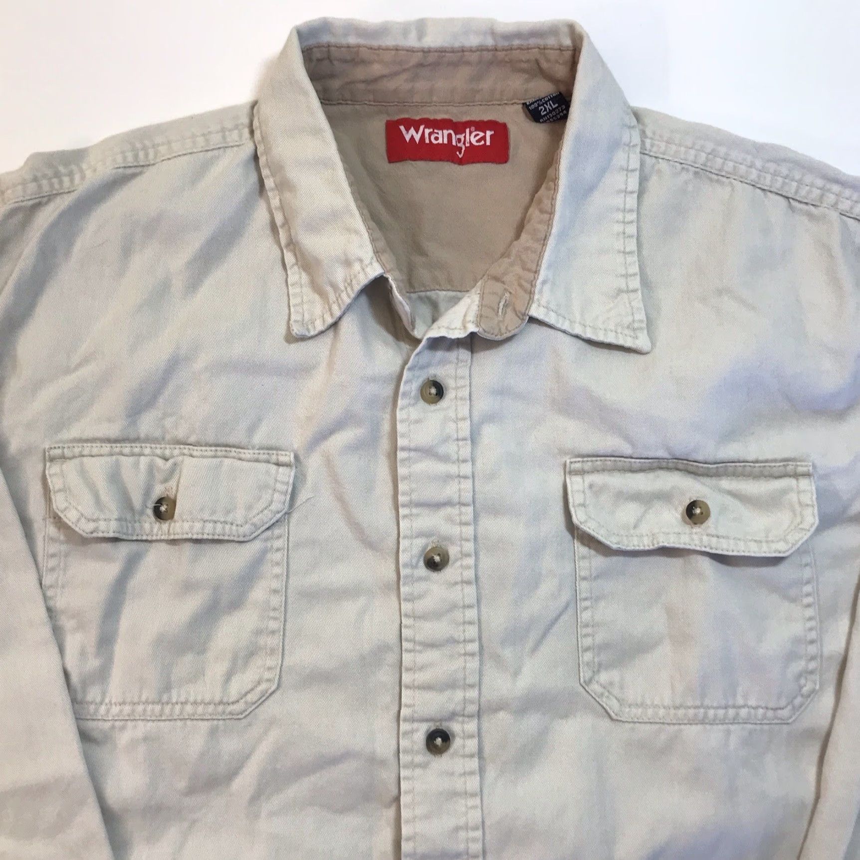 Wrangler Wrangler Shirt Denim Twill Button-Up Long Sleeve Workwear 2XL Beige Blue Collared Pocketed Regular Mens Size US XXL / EU 58 / 5 - 2 Thumbnail