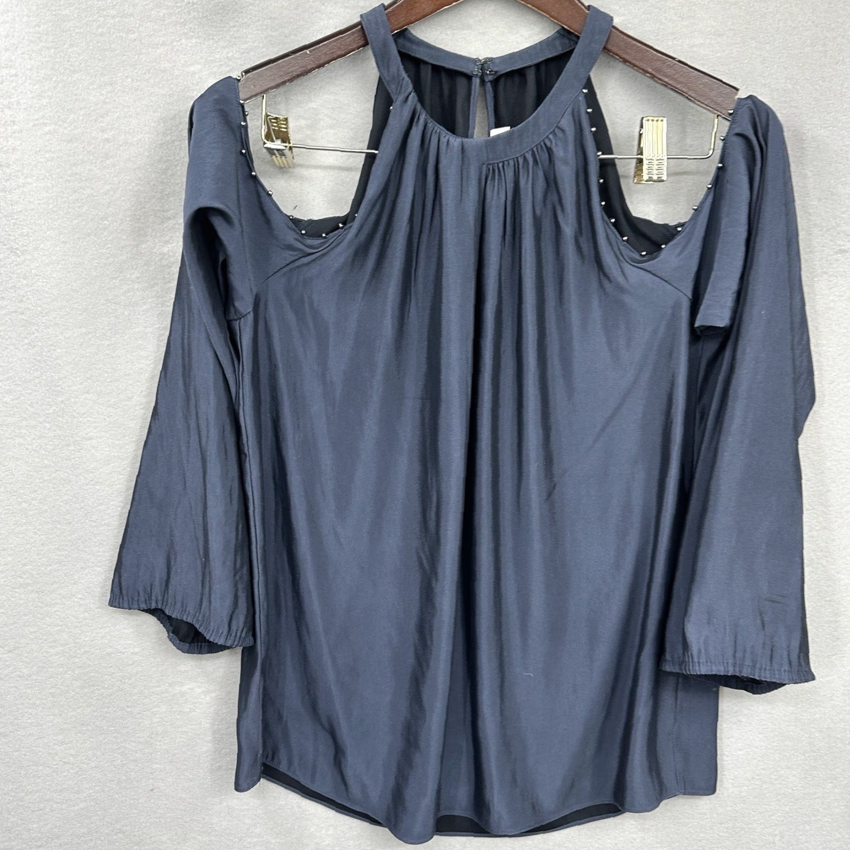 Ramy Brook Ramy Brook Blouse Candice Womens Small Cold Shoulder Beaded Satin Polyester Blue Solid Designer Quiet Luxury READ Size S / US 4 / IT 40 - 4 Thumbnail