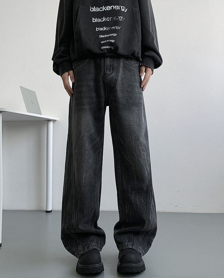 Winter Nostalgic Black Jeans Men Chic Patchwork Loose