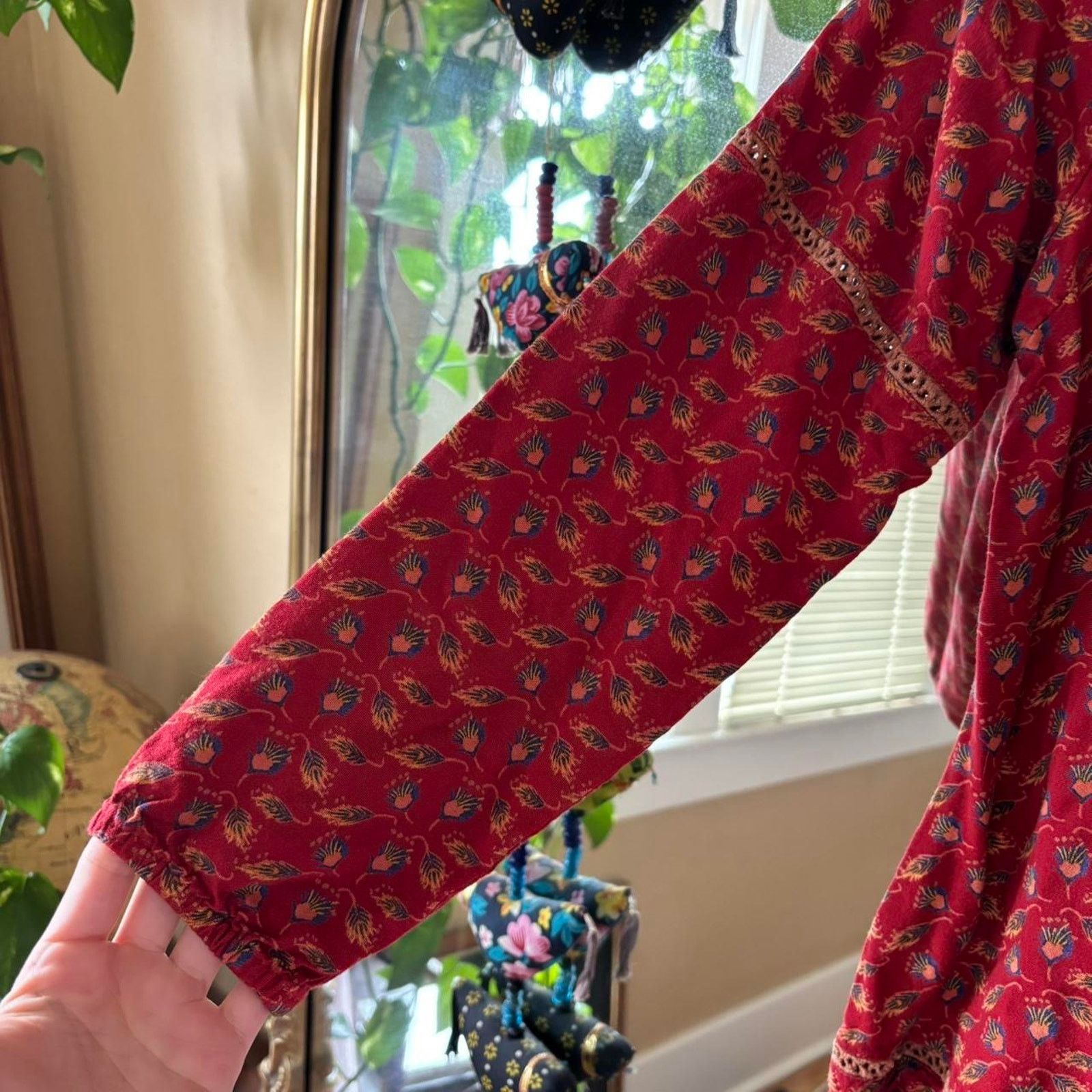 Mountain Khakis Mountain Khakis Red Peacock Feather Tunic Blouse Large Boho Size L / US 10 / IT 46 - 5 Thumbnail