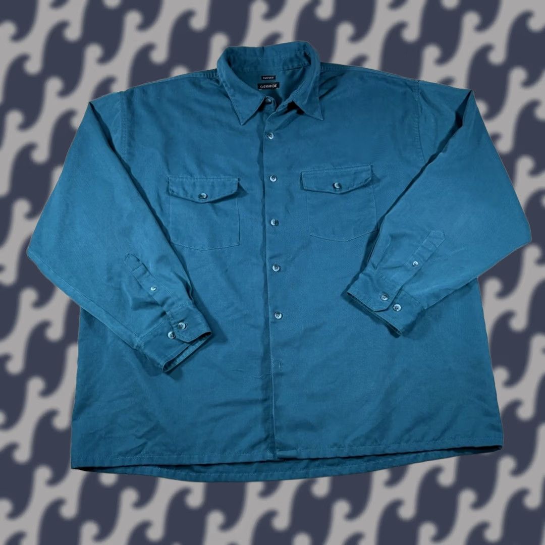 George George Sueded Button Up Long Sleeve Shirt Blue / Green Men’s Size XXL (2XL) Button-Up Casual Shirt Mens Regular Fit Blue Size US XXL / EU 58 / 5 - 1 Thumbnail