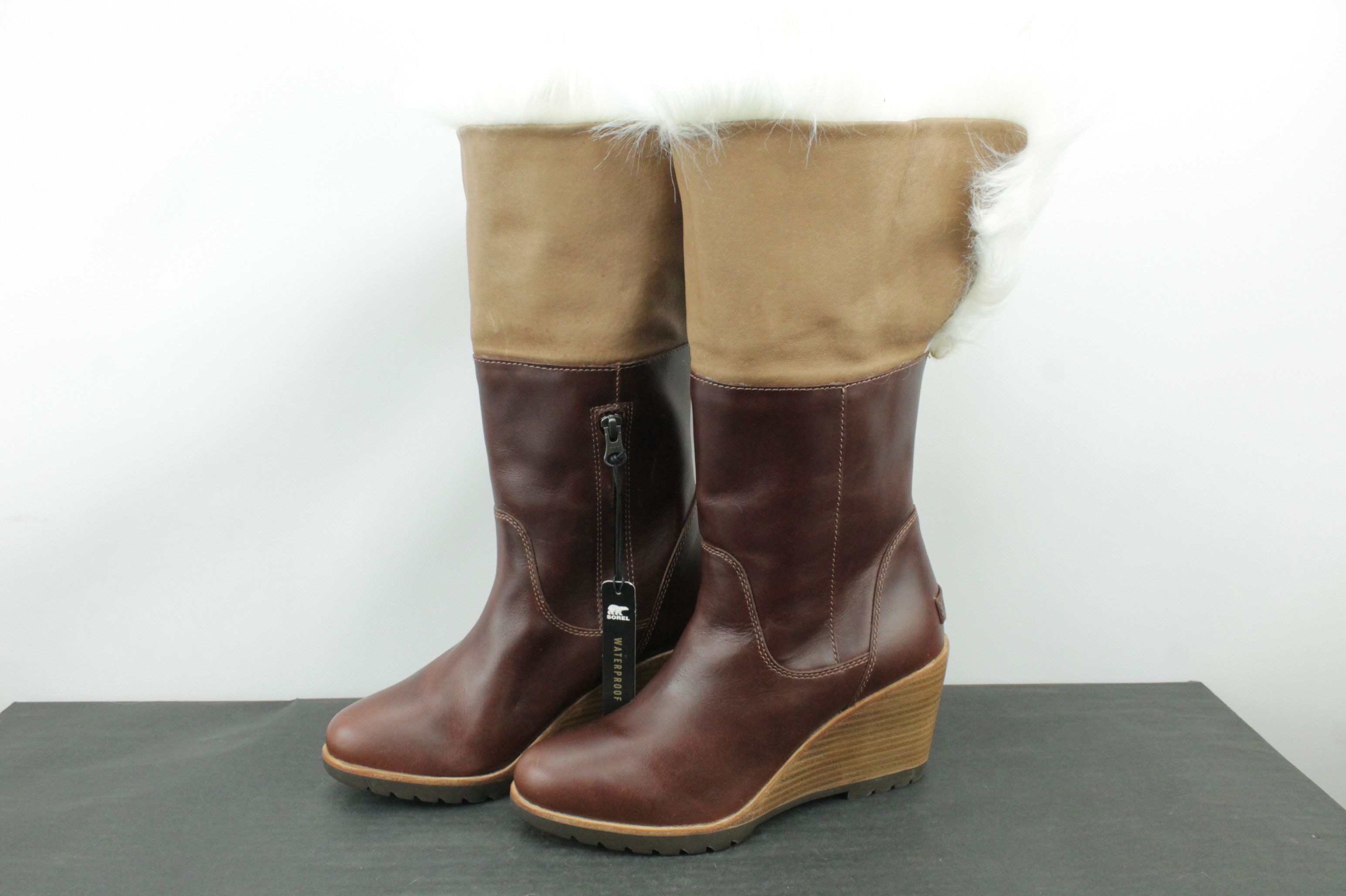SOREL Sorel Park City Lux Brown Leather Wedge Booties Faux Fur Size US 8 / IT 38 - 7 Thumbnail