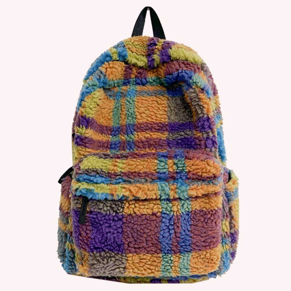 Japanese Brand Fashionable Multicolor Plaid Plush Backpack Size ONE SIZE - 5 Thumbnail